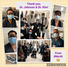 Collage of Cedars Sinai medical staff wearing protective glasses provided as a part of the Spine Institute Foundation's Community Outreach initiative.