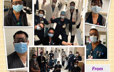 Collage of Cedars Sinai medical staff wearing protective glasses provided as a part of the Spine Institute Foundation's Community Outreach initiative.