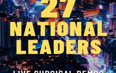 Graphic of Seattle skyline with embedded text that reads, 27 National Leaders, Live Surgical Demos