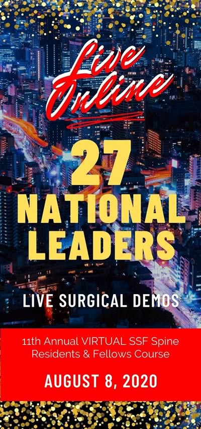 Graphic of Seattle skyline with embedded text that reads Live Online, 27 National Leaders, Live Surgical Demos, 11th Annual VIRTUAL SSF Spine Residents & Fellows Course. August 8, 2020.