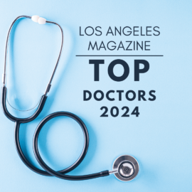 Graphic that reads Los Angeles Magazine Top Doctors 2024 with stethoscope in background,
