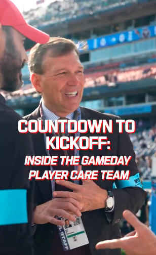 A photo of Dr. Allan Sills on the sidelines of an NFL game with text that reads Countdown to Kickoff Inside the Gameday Player Care Team.