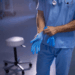 Mid section of a surgeon putting on rubber gloves at the hospital