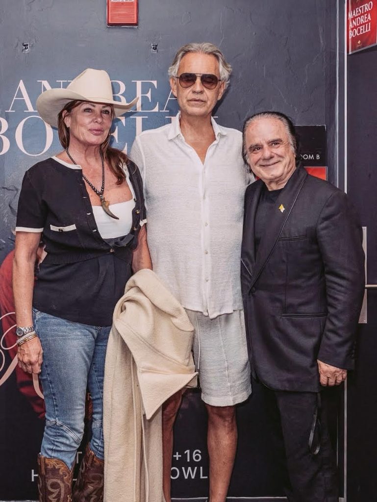 Photo of Kelly LeBrock, Andrea Bocelli, and Julius Nasso at the Hollywood Bowl.